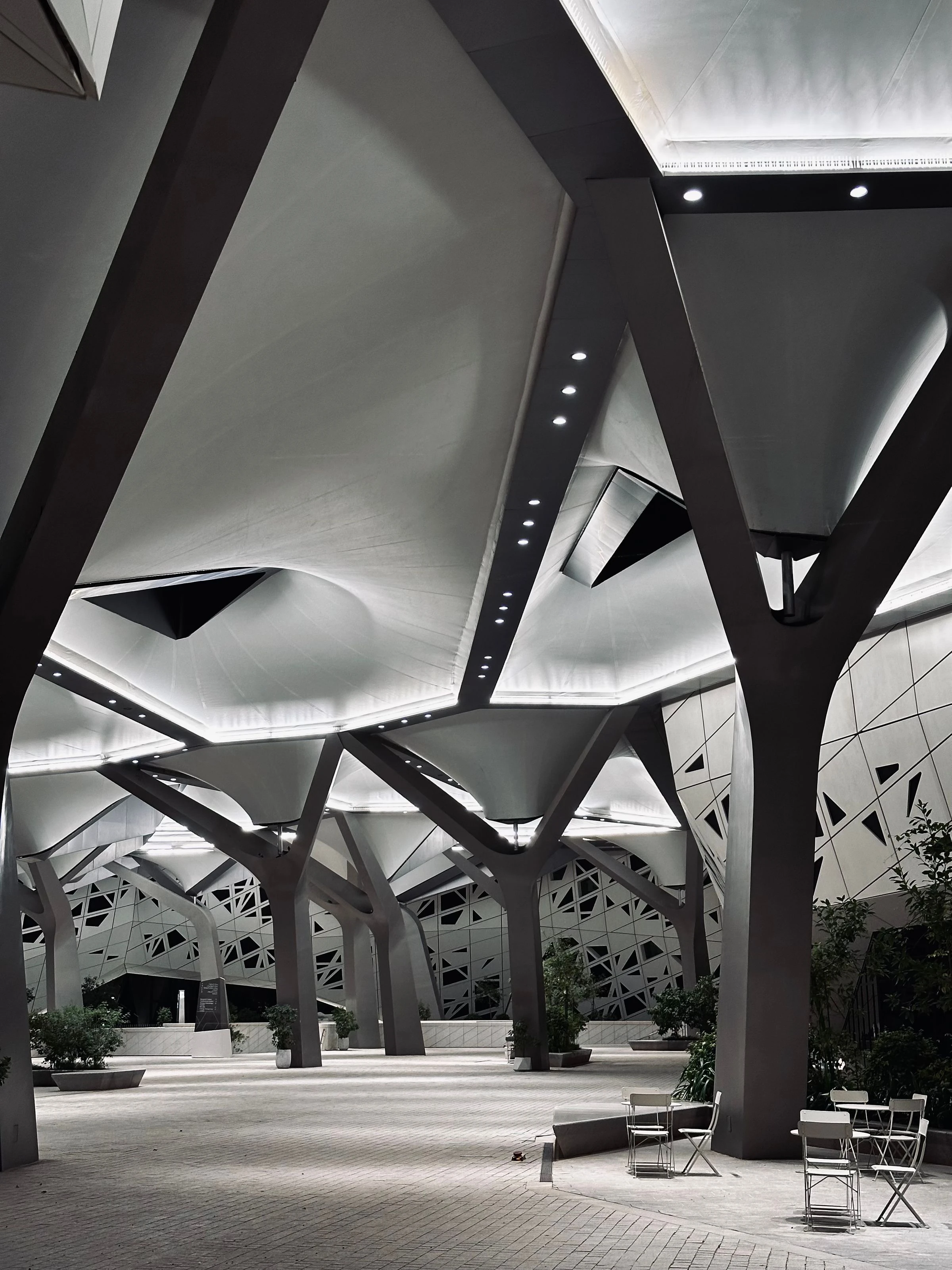Architectural lighting integrated into a sculptural branching ceiling